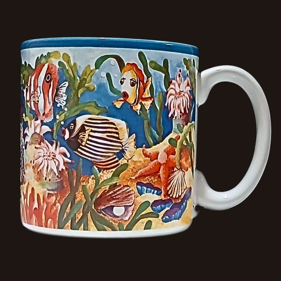 Coffee Mug White Multi Art Aquatic Ocean Life Fish Sea Animal Colorful Cup - Picture 2 of 7